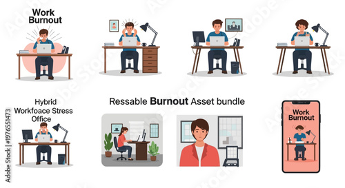 A vector illustration depicts a stressed worker experiencing work burnout at a desk with a computer and lamp, conveying workplace stress in various office scenes against a clean white