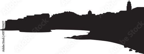 Nice city skyline silhouette in black and white with coastal landscape