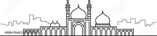 Oriental palace line art with city background featuring domes and symmetrical arch structures
