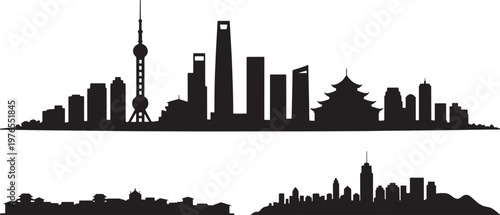 Shanghai and asian metropolis city skyline vector collection featuring oriental tower silhouette