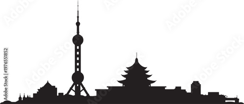 Shanghai city skyline silhouette with oriental pearl tower and temple vector asian landmark