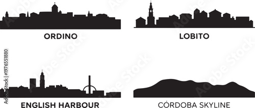 Silhouette city skyline collection featuring Ordino Lobito English Harbour and Cordoba peaks