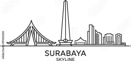 Surabaya skyline line art illustration featuring bridge monument and skyscrapers in indonesia