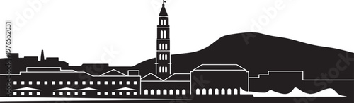 Split city skyline silhouette vector with st domnius bell tower and adriatic sea coastal hills