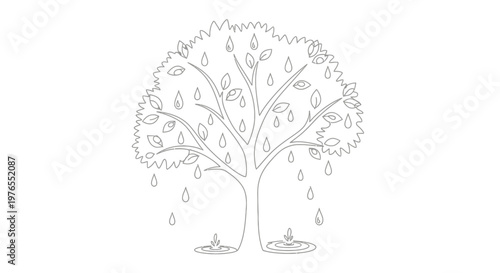 Fotografie Line Art Tree with Falling Raindrops and Puddles