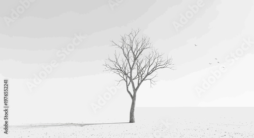 Lone barren tree in a vast white landscape, minimalist, stark, winter