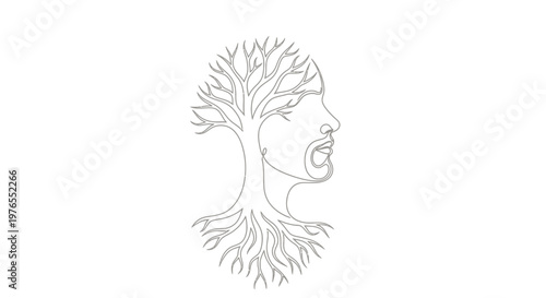 Man's Face Integrated with Tree and Roots, Continuous Line Art, Symbolizing Growth