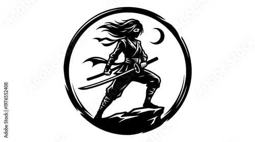 Female Ninja Silhouette with Red Sun Style Frame (Black White Version)
