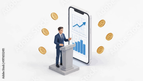 Businessman presenting financial data on smartphone