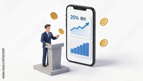 Businessman presenting growth on phone