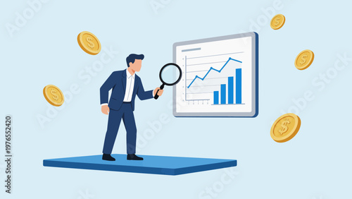 Businessman with magnifying glass and financial chart