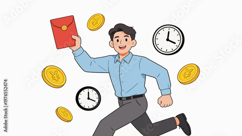 Man running with money and clocks