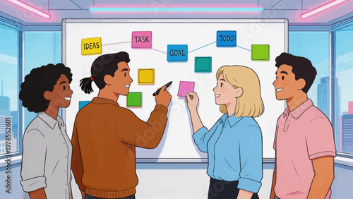 Four people collaborating on a whiteboard