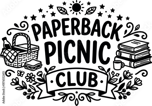 Black and white paperback picnic club lettering with basket sandwich books and coffee cup