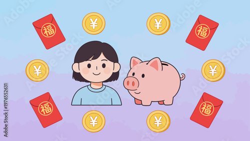 Cartoon girl with piggy bank and coins