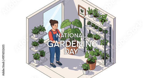 Isometric illustration celebrating national gardening day, showcasing a woman in overalls tending to potted plants on shelves and the floor, creating a vibrant home gardening lifestyle