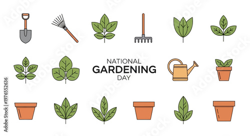 Flat lay vector illustration featuring gardening tools, pots, and leaf icons for national gardening day on a white backdrop, showcasing a spring gardening activity with a clean, modern