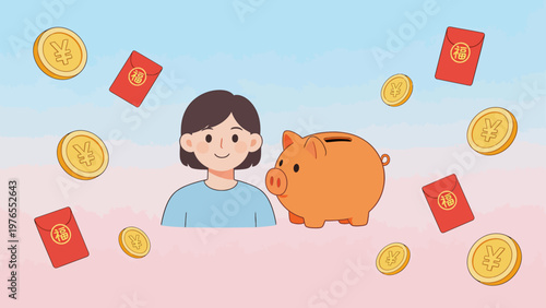 Person with piggy bank and coins