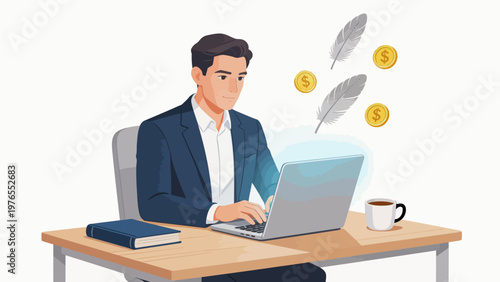 Businessman working on laptop with money symbols