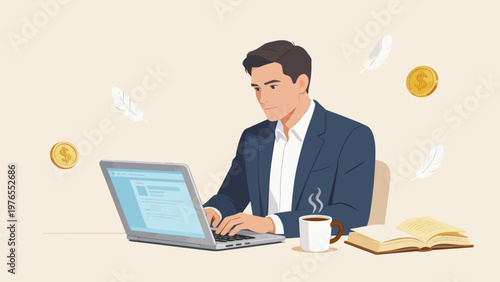 Businessman working on laptop with coffee and book