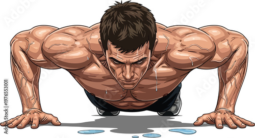 Muscular man performing a push-up an intense and detailed vector illustration showcasing strength and determination perfect for fitness workout and bodybuilding themes