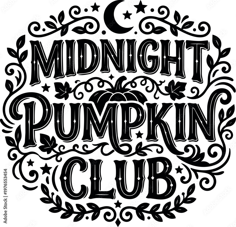 Obraz premium Black and white midnight pumpkin club lettering with crescent moon and stars vector art