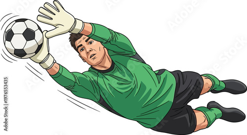 A male soccer goalkeeper in a green jersey and gloves making a dramatic diving save to catch the ball depicted in a vibrant cartoon illustration