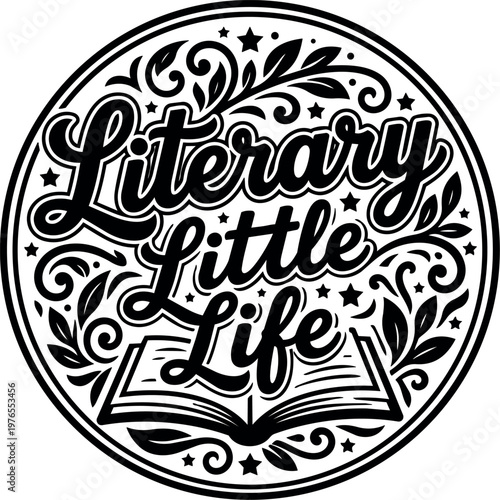 Calligraphic literary little life script lettering with open book and stars vector art