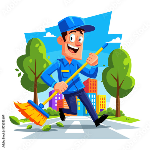 Cartoon janitor sweeping leaves on city street road vector illustration