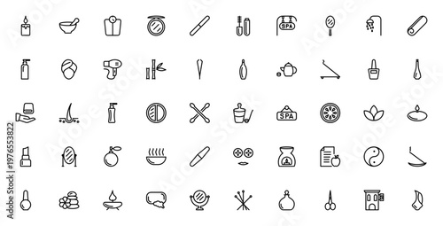 Beauty & Spa icon set. Minimal line vector icons including candle, mirror, towel, soap, spa, perfume, nail polish, facial mask, lotus and more.