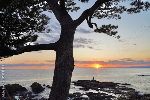 日本の神奈川県、秋谷の立石海岸の夕焼け