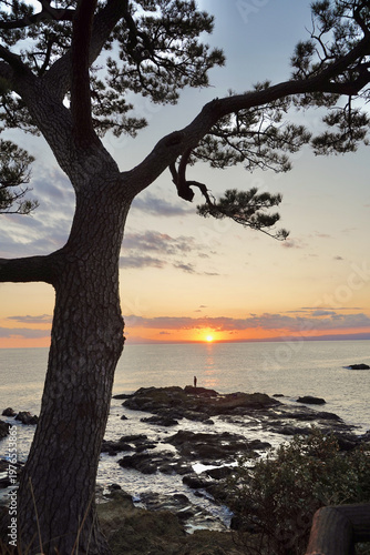 日本の神奈川県、秋谷の立石海岸の夕焼け