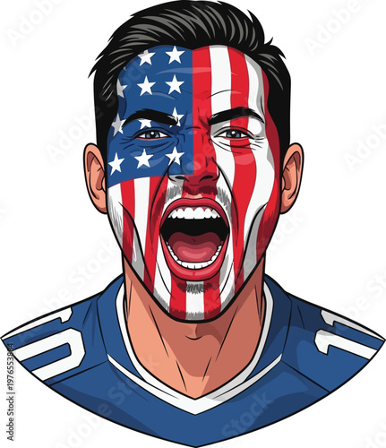 A passionate American sports fan with flag face paint screaming celebrating national pride and intense competition
