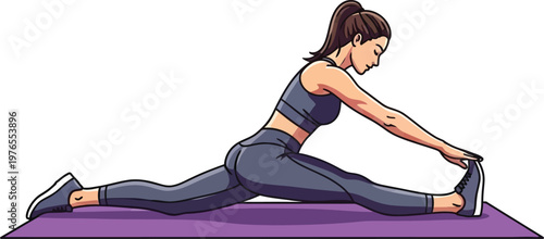 Young woman stretching on a purple yoga mat a detailed vector illustration for fitness flexibility and healthy lifestyle concepts