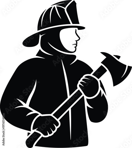 PrintFirefighter vector illustration, emergency responder artwork, heroic fireman profile, protective gear drawing, fire axe symbol, bravery concept,