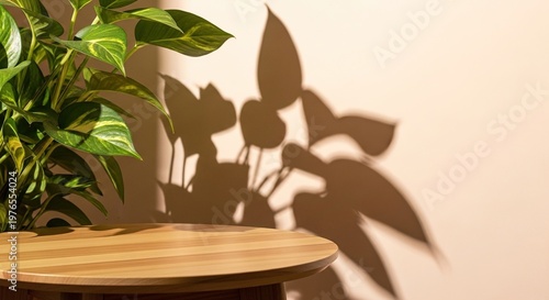 Sunlit shadows a still life with plant vase and wooden surface