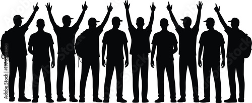 PrintGroup silhouette vector illustration, people standing together artwork, unity concept design, peace sign gesture icon, casual clothing scene, backpack student symbol