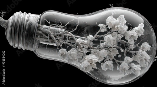 A transparent lightbulb filled with delicate white flowers and branches