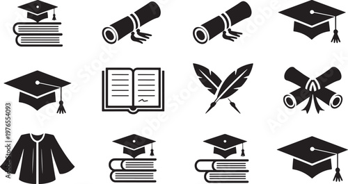 Academic Graduation Vector Icon Set Featuring Mortarboard Caps Diplomas Open Books and Quills