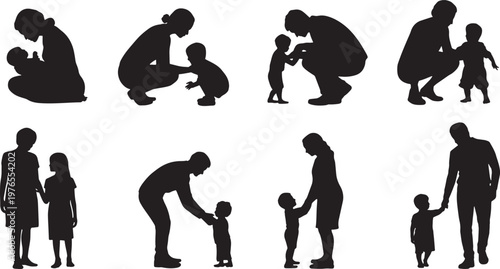 Collection of father and child silhouette illustrations in various parenting and bonding poses