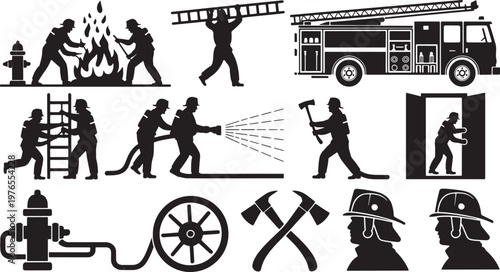 Collection of firefighter icons depicting rescue and fire suppression activities and equipment