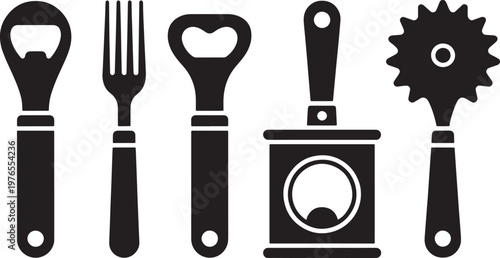 Collection of kitchen utensil silhouettes including bottle openers and a pizza cutter.