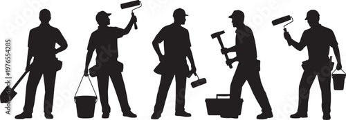 Collection of silhouetted construction workers holding tools and equipment, standing and workin