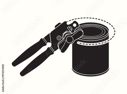 Black silhouette of a can opener clamped onto a metal tin edge
