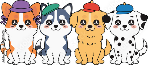 four cute dogs in colorful hats vector illustration