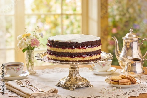 Festliche Schichttorte mit Beerenfüllung und Sahneglasur auf silberner Etagere bei Nachmittagstee