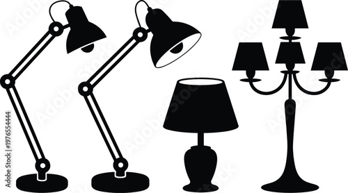 PrintSilhouette lamp collection, desk lamp table lamp floor lamp illustration, interior lighting design elements, decorative black outline art for home decor