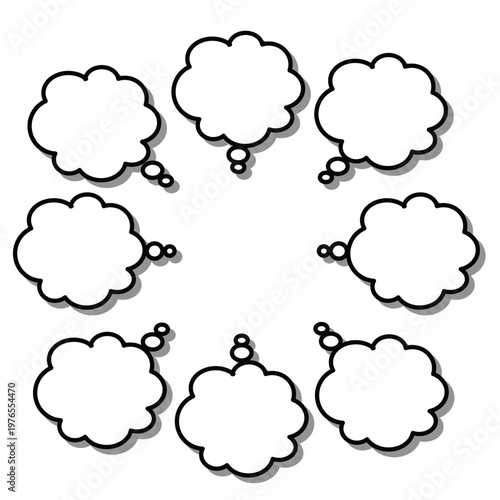 思考や回想シーンに便利なモコモコした黒縁と影付きの白い吹き出しセット