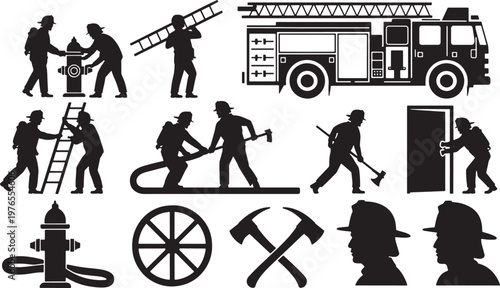 Firefighter icons representing rescue, equipment, and emergency response actions