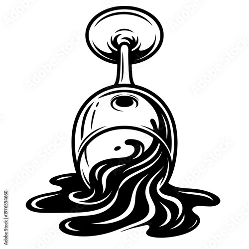 upside down wine glass with spilled liquid line drawing illustration vector clipart black and white